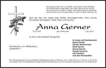 Traueranzeige von Anna Gerner von Pegnitz-Zeitung